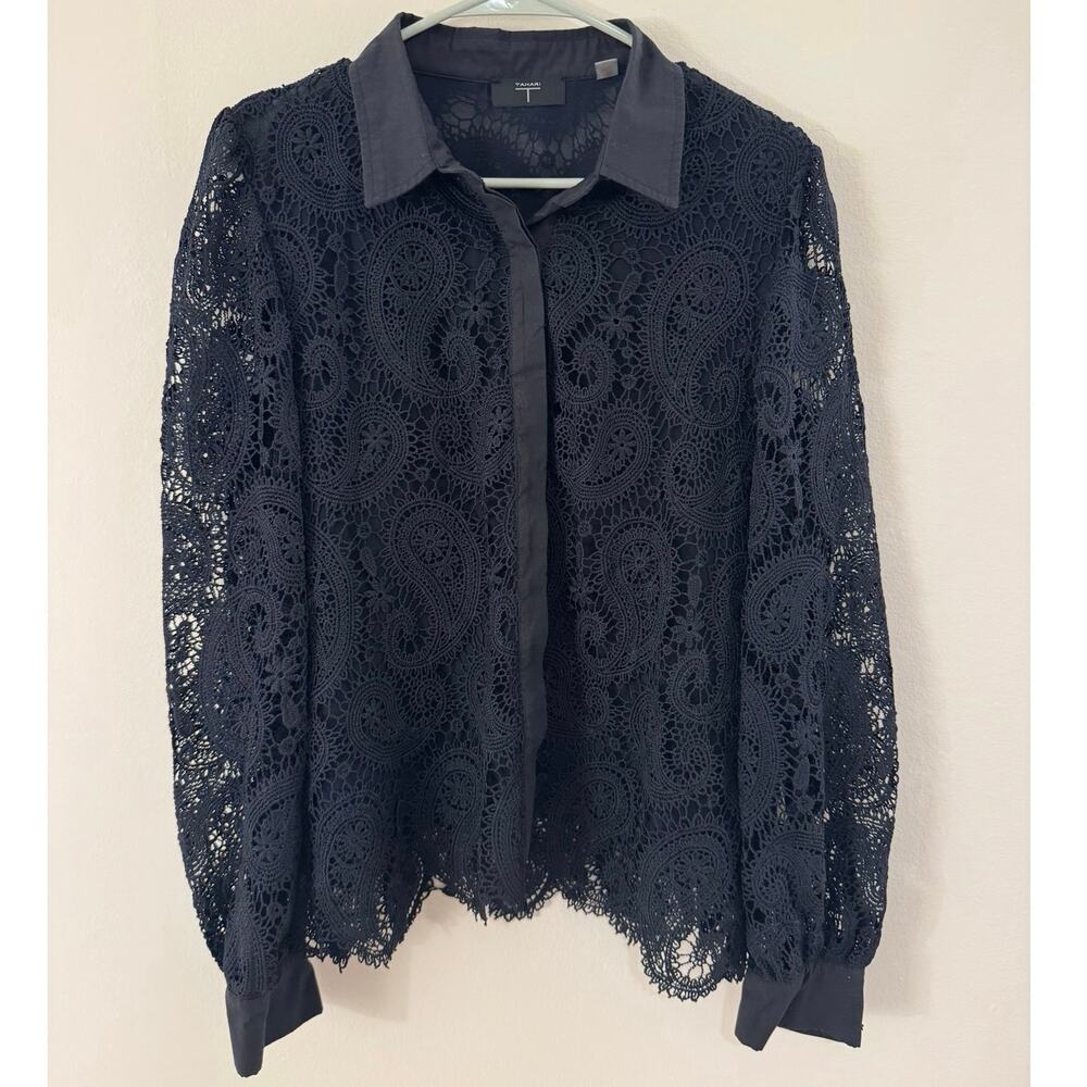 Tahari Navy Button Down Blouse Large Crochet Lace Sleeves Collared Shirt Top